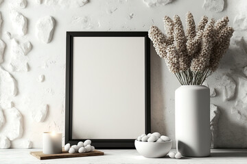 Mock up of black frame with white background. Cotton flowers and empty template on table. Shelf with interior decorations on stone wall. Copy space. Generative AI