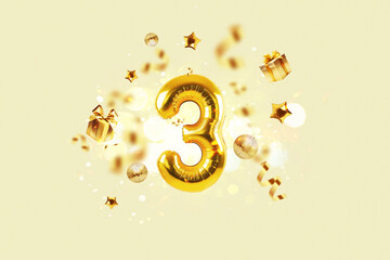 Golden number 3 is flying with golden confetti, gifts, mirror ball and stars balloons on a beige...
