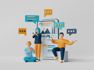3d illustration of cartoon people using smartphone surfing the internet and communicate on social media, online application.
