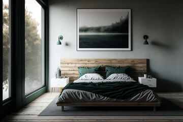Mock up of a minimalistic home interior wall in the bedroom with a wooden bed. Generative AI