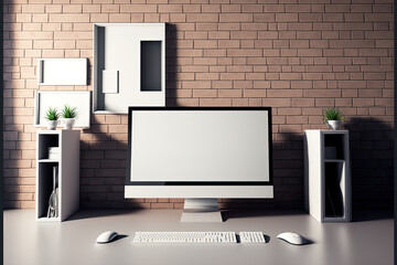 Blank computer screen and new brick interior with creative designer workspace. design and way of life idea. a mockup. Generative AI