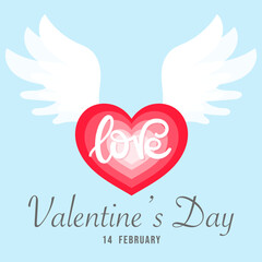 Heart with white wings in Valentine's Day Background on blue background ,for February 14, Vector illustration EPS 10
