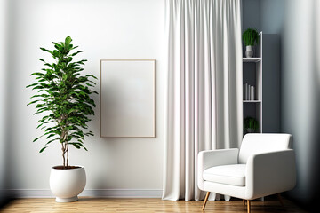 Living room interior mockup with carpet, white chair, lamp, coffee table, bookshelf, plant, and curtain. Blank wall with vertical poster. Generative AI