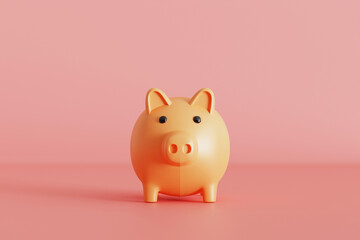 simple minimal cute yellow piggy bank 3D render with pink backgound for financial and investment concept.