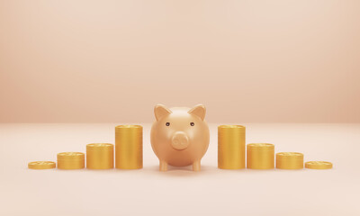 piggy bank with gold coin stacking 3D render minimal background for business concept financial, banking and investment with money growth success.