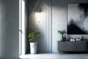 With a vertical banner on a lined wooden wall, a concrete floor, and a lamp, this internal corner of a panoramic living room is stunning. a gray based modern home design idea. a mockup. Generative AI