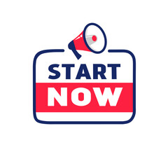 Start now. Text on badge icon. Flat vector design template.