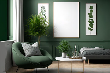 mock up poster frames in green modern interior background, living room, Scandinavian style, , 3D illustration. Generative AI