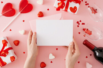 Valentines Day concept. First person top view photo of girl holding envelope with letter over gift...