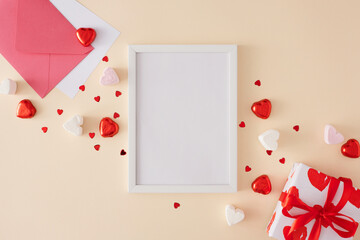 Valentines day concept. Flat lay photo of red gift box, heart shaped candies and marshmallow, envelope with letter, sprinkles on beige background with frame in the middle. Lovers holiday card idea.