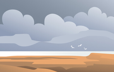 Seascape with coast, cloud and mountains. Beautiful nature wildlife. Wild beach. Sea and seagulls. Flat vector illustration background