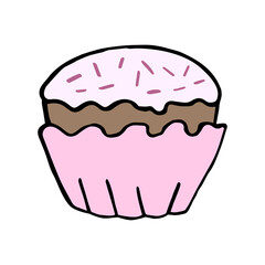 Cupcake with icing and confetti isolated on white. Cake in doodle style