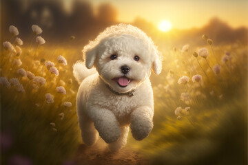 Dog Portrait, Cute Bichon Frise puppy running playfully through spring flowers, AI generated