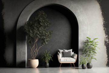 Modern concrete living room interior with decorative plant, arch and black mock up poster. Design and decor concept. Generative AI