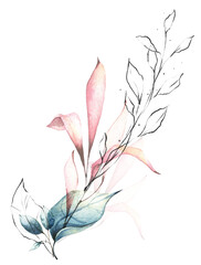 Fototapeta na wymiar Watercolor painted floral bouquet. Arrangement with branches, blue leaves, pink graphic elements.. Cut out hand drawn PNG illustration on transparent background. Watercolour isolated clipart drawing.