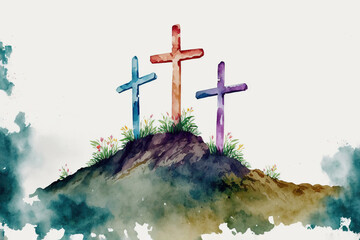 Good Friday - Crosses On Mount Calvary- Watercolour (Generative Art)