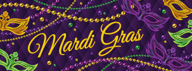 Horizontal carnival poster with masks, string of beads, text. Classic volume rhombic grid on background. Ticket, invitation design for Mardi Gras carnival, party in vintage style Detailed illustration