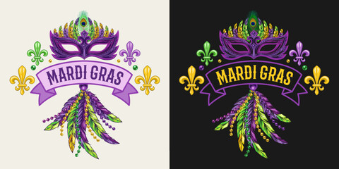 Carnival Mardi Gras label with fleur de lis symbol, feathers, carnaval mask, ribbon, beads, text. For prints, clothing, t shirt, surface design. Vintage style - obrazy, fototapety, plakaty