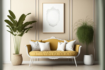 Interior with a cozy couch and white plank floors in a bohemian design. With an empty frame mockup, minimalist color schemes and eerie boho furnishings are used. Mockup for an art print or wallpaper