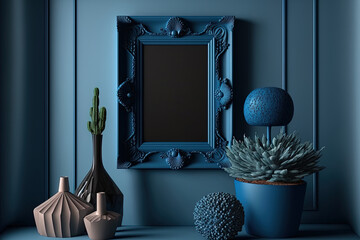 Interior mock up poster frame in blue with clay,. Generative AI