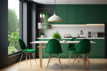 Fototapeta premium Contemporary interior design for interior mock up in dining room with kitchen. Scandinavian home decor with green chairs, wooden kitchen, template,. Generative AI