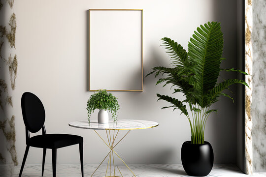 Mockup of a frame in a contemporary room with a plant, marble floor, and table. Generative AI