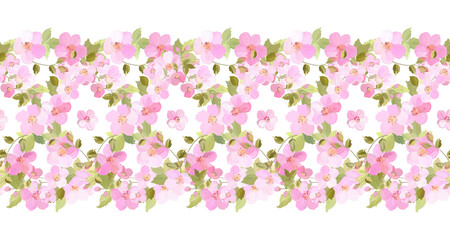 floral seamless border with pink flowers and twigs