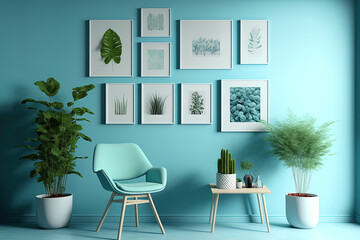 In a contemporary flat, a light blue room with a single chair and plants features a gallery wall template with nine frames for a poster presentation. Generative AI