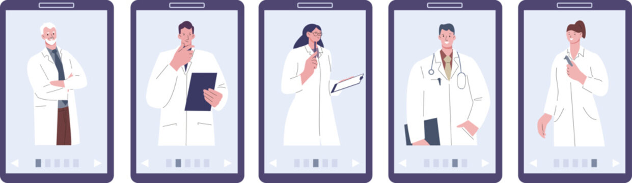Doctors on smartphone screen. Medical app, choose your doctor. Various medical professionals avatars, hospital team. Cartoon vector clinic online