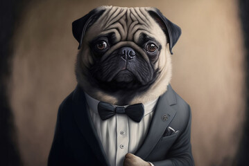 Fototapeta Portrait of a pug dog dressed in a formal business suit,  generative ai obraz