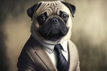 Portrait of a pug dog dressed in a formal business suit,  generative ai