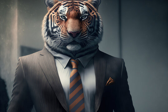 Portrait of a tiger dressed in a formal business suit,  generative ai
