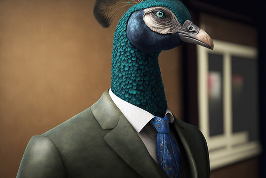 Portrait of a peafowl dressed in a formal business suit,  generative ai