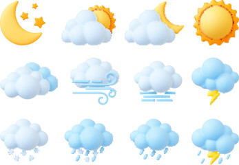 Plasticine 3d weather icons, render style sun, cumulus and snowflakes. Trendy fluffy bubbles clouds, wind symbol, raindrops. Pithy isolated vector set
