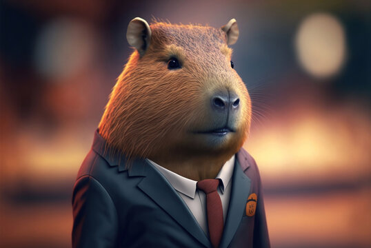 Portrait of a Capybara dressed in a formal business suit,  generative ai