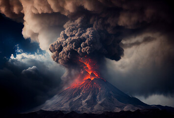 Volcanic eruption in Italy. Powerful explosion. Lava flows. Lots of smoke and fire. Generative AI Art. Apocalypse.