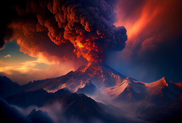 Volcanic eruption in Italy. Powerful explosion. Lava flows. Lots of smoke and fire. Generative AI Art. Apocalypse.
