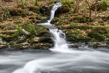 Obraz premium Long exposure of a waterfall on the East Lyn river at Watersmeet in Exmoor National Park