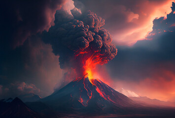Volcanic eruption in Italy. Powerful explosion. Lava flows. Lots of smoke and fire. Generative AI Art. Apocalypse.