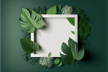 Green leaves with white square frame, flat lay, for advertising card or invitation