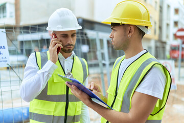 Two hispanic men architects writing on document talking on smartphone at street