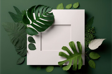 Green leaves with white square frame, flat lay, for advertising card or invitation