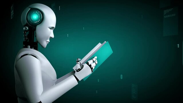 Futuristic robot artificial intelligence huminoid AI programming coding technology development and machine learning concept. Robotic bionic science research for future of human life. 3D rendering.