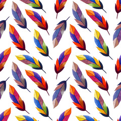 Watercolor Seamless pattern colourful  feathers on the white background. Texture for wrapping paper, fabrics, decor. 