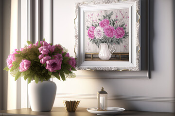Decorated interior of a home. Pink flowers in a vase, a white frame, and other interior decorating. Generative AI
