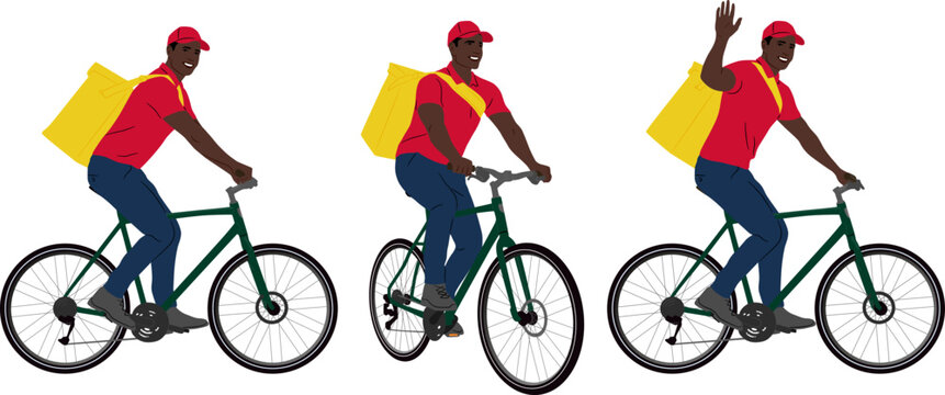 Set of hand-drawn African American delivery guy riding a bicycle. Delivery man with a package on the bike waves his hand. Vector flat style illustration isolated on white. Full-length view