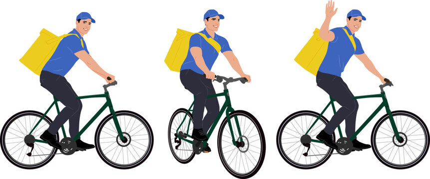 Set of hand-drawn delivery guy riding a bicycle. Delivery man with a package on the bike waves his hand. Vector flat style illustration isolated on white. Full-length view