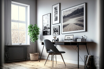 Modern work desk and wood flooring in the living room. Artwork, prints, and other decorations can be shown in the front view and frame mockup on the wall. Generative AI
