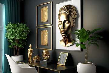 Interior of chic and eclectic room with abstract painted walls, gold head sculpture in a mock up frame, plant, and office supplies. A contemporary setting with stylish accents. eclectic interior desig