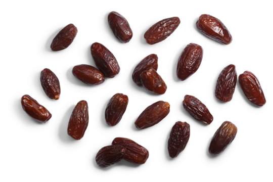 Dried Deglet Nour dates (fruits of date palm Phoenix dactylifera), top view isolated png